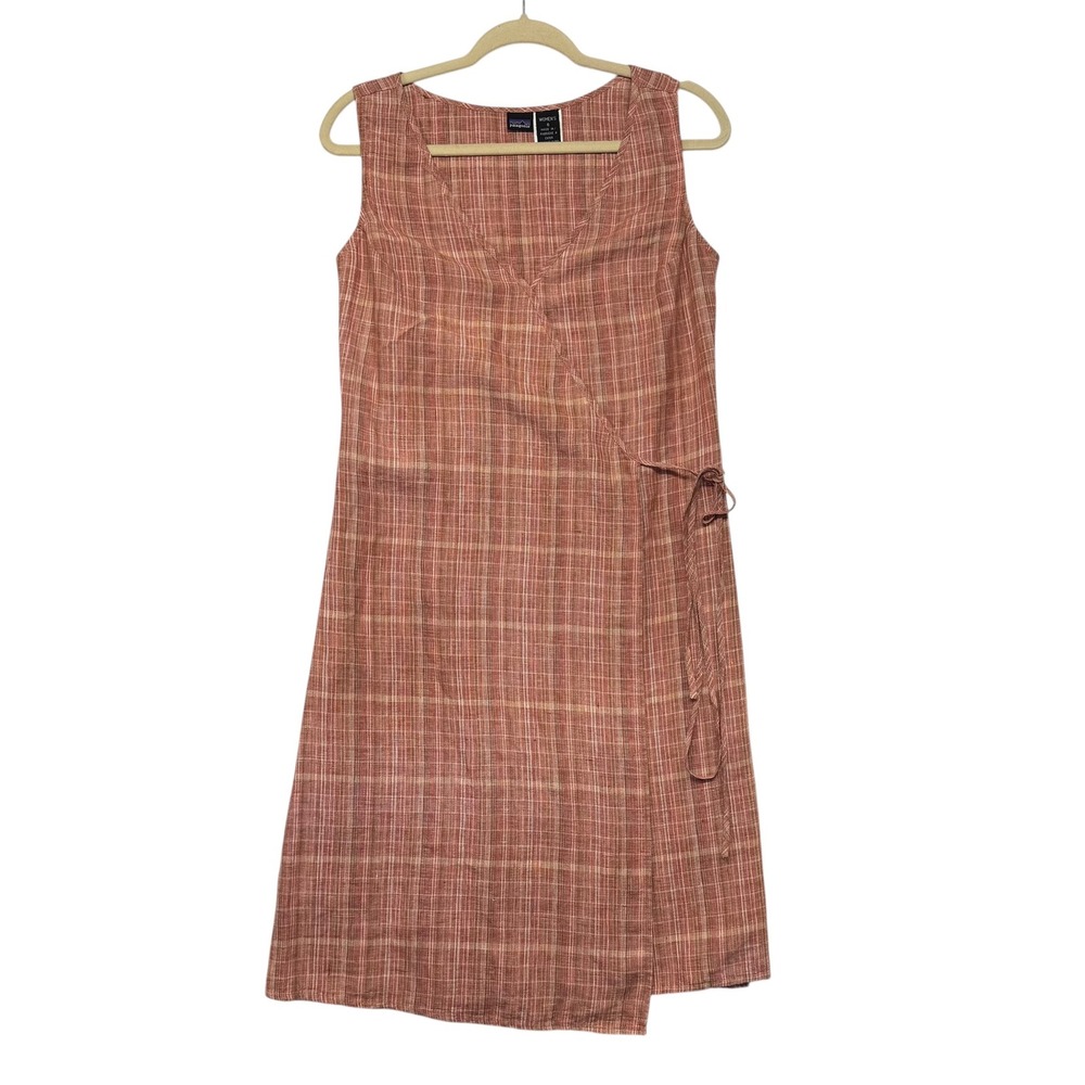 Patagonia 100% Hemp Wrap Dress Orange Plaid Outdoor Natural Hippie Size 6 F269